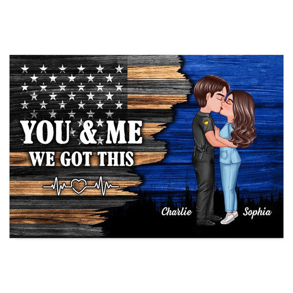 Personalized Horizontal Poster or Canvas or Plaque or Keychain or Car Hanger or Pillow or Wallet or Wallet Card or Cap or Cup - Hero Couple Kissing Half Flag Gifts by Occupation Firefighter, Nurse, Police Officer