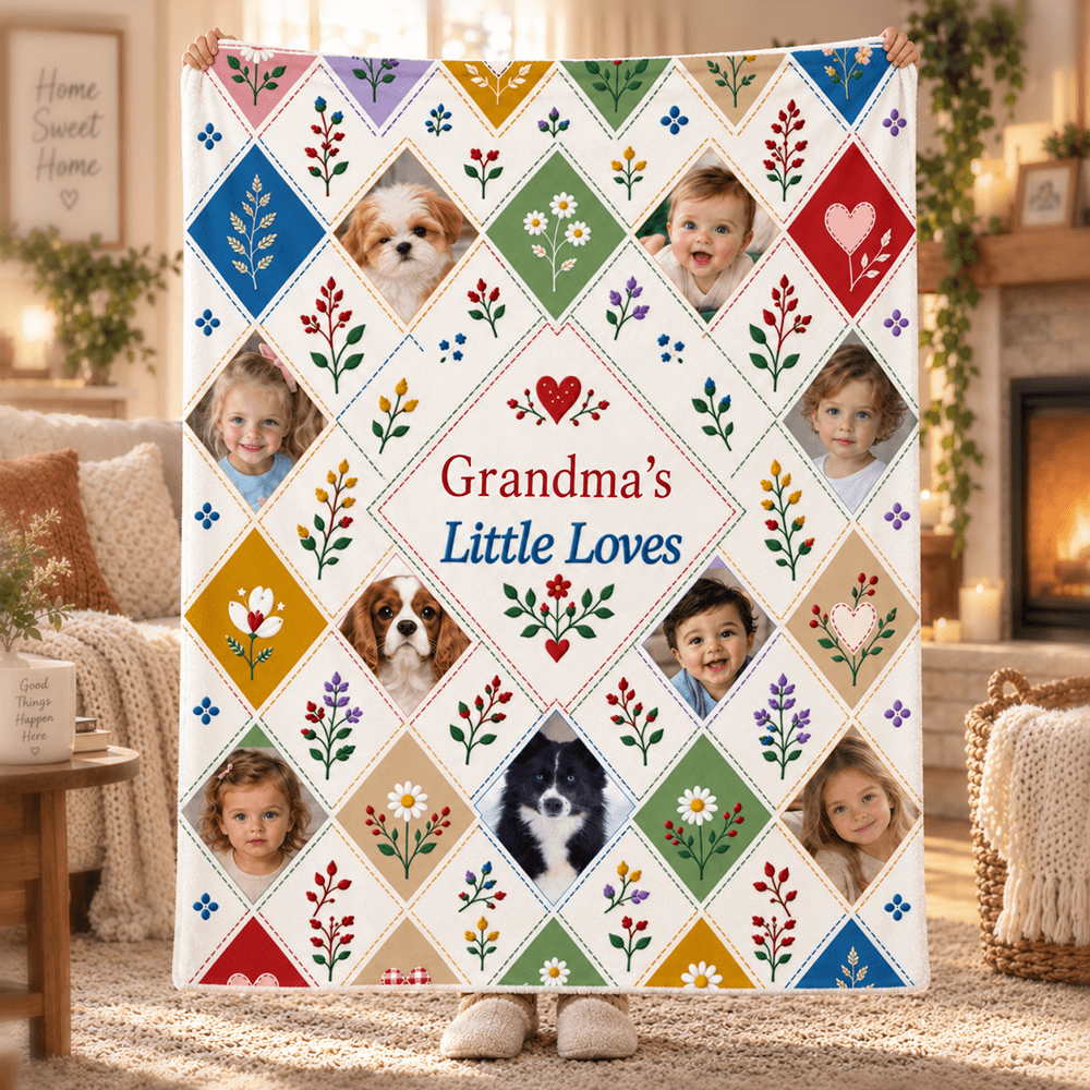 Personalized Grandma’s Little Loves Photo Fleece Blanket, Floral Patchwork Gift with Grandchildren & Pets