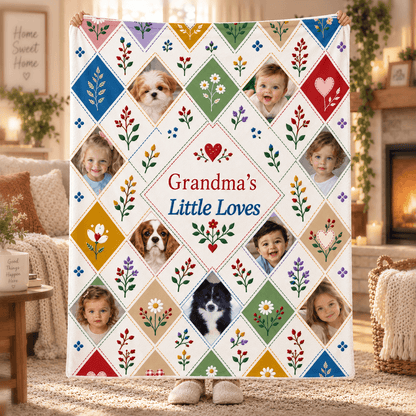 Personalized Grandma’s Little Loves Photo Fleece Blanket, Floral Patchwork Gift with Grandchildren & Pets
