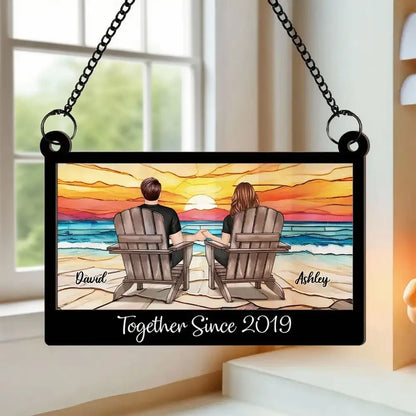 Wood and Acrylic Layered Ornament with Couple Holding Hands on Beach Chairs, Sunset Scene, Perfect Gift for Love and Home Décor