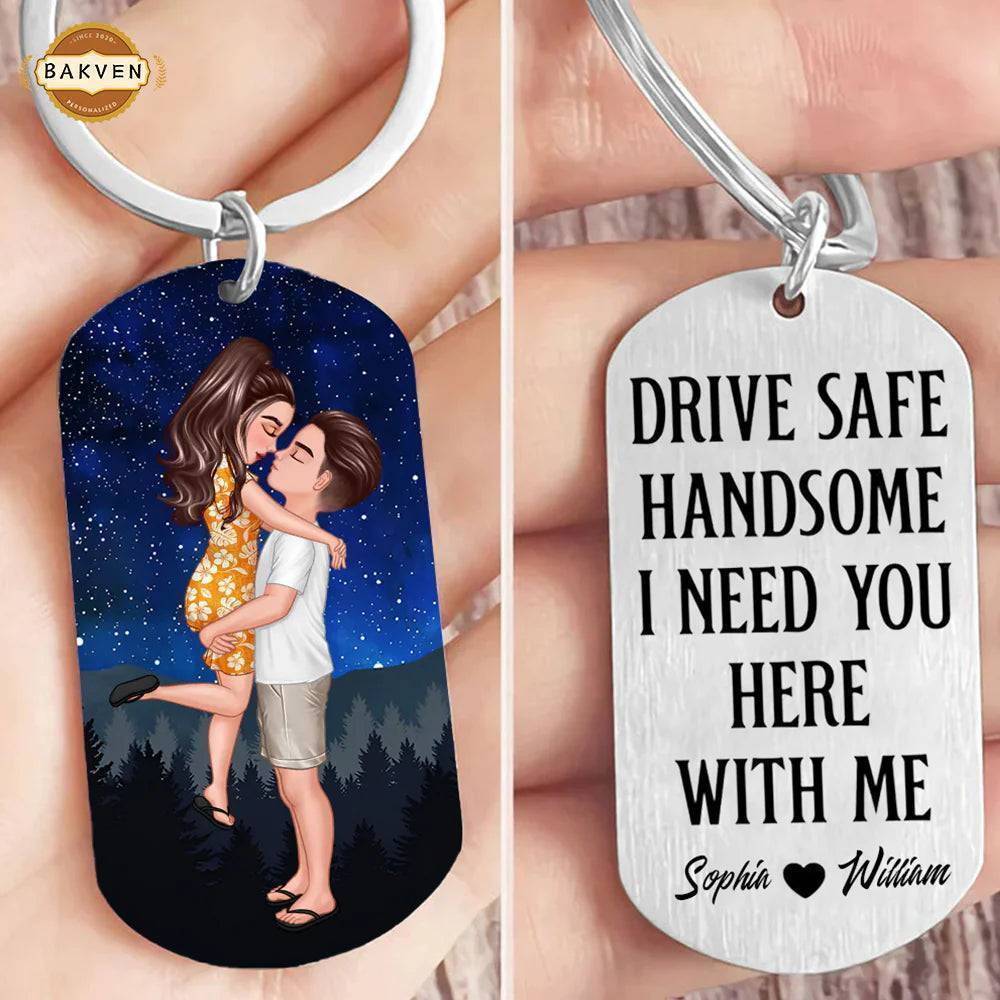 Drive Safe keychain with couple kissing under stars personalized engraving on stainless steel0