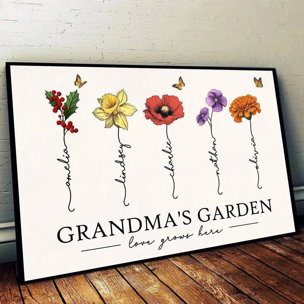 Grandma's Garden Love Grows Here Beautiful Birth Month Flower Gift For Grandma Mom Personalized Doormat or Poster or Canvas, Keychain, Plaque, Wallet Card