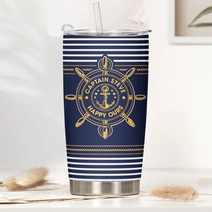 Insulated Travel Tumbler with Custom Captain Name, Navy Stripes Anchor Wheel, Thoughtful Gift for Boat Lovers