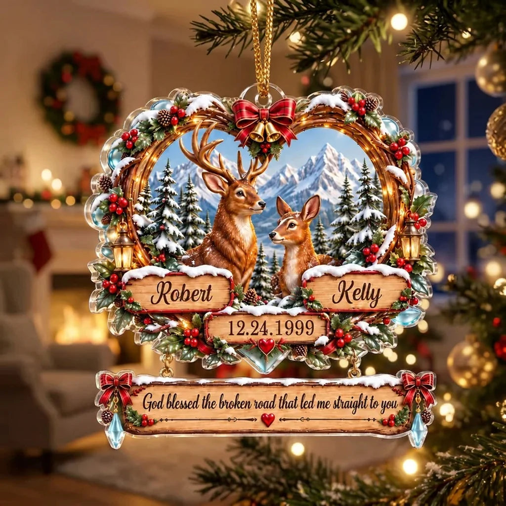 God Blessed the Broken Road Personalized Acrylic Ornament, Deer Couple in Snowy Forest, Creative Gift for Partner