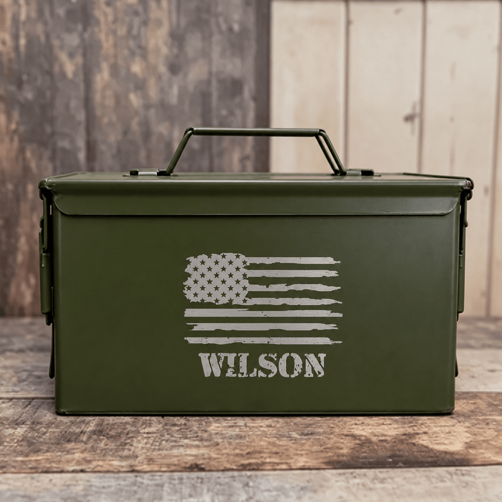 Personalized Metal Ammo Box, Rustic American Flag Keepsake, Creative Gift for Husband or Veteran