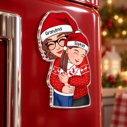 Personalized Grandma & Granddaughter Christmas Acrylic Magnet, Custom Name Hugging Gift for Grandma