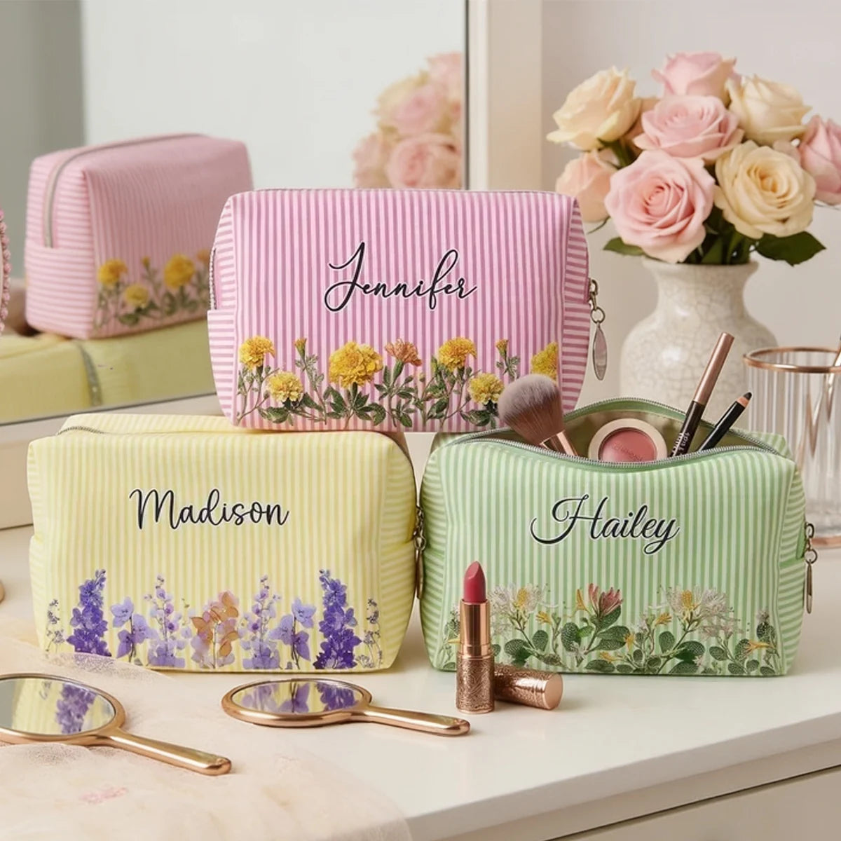 Striped Makeup Bag, Personalized Pastel Botanical Design for Vanity and Travel, Unique Gift for Her