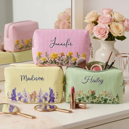 Striped Makeup Bag, Personalized Pastel Botanical Design for Vanity and Travel, Unique Gift for Her