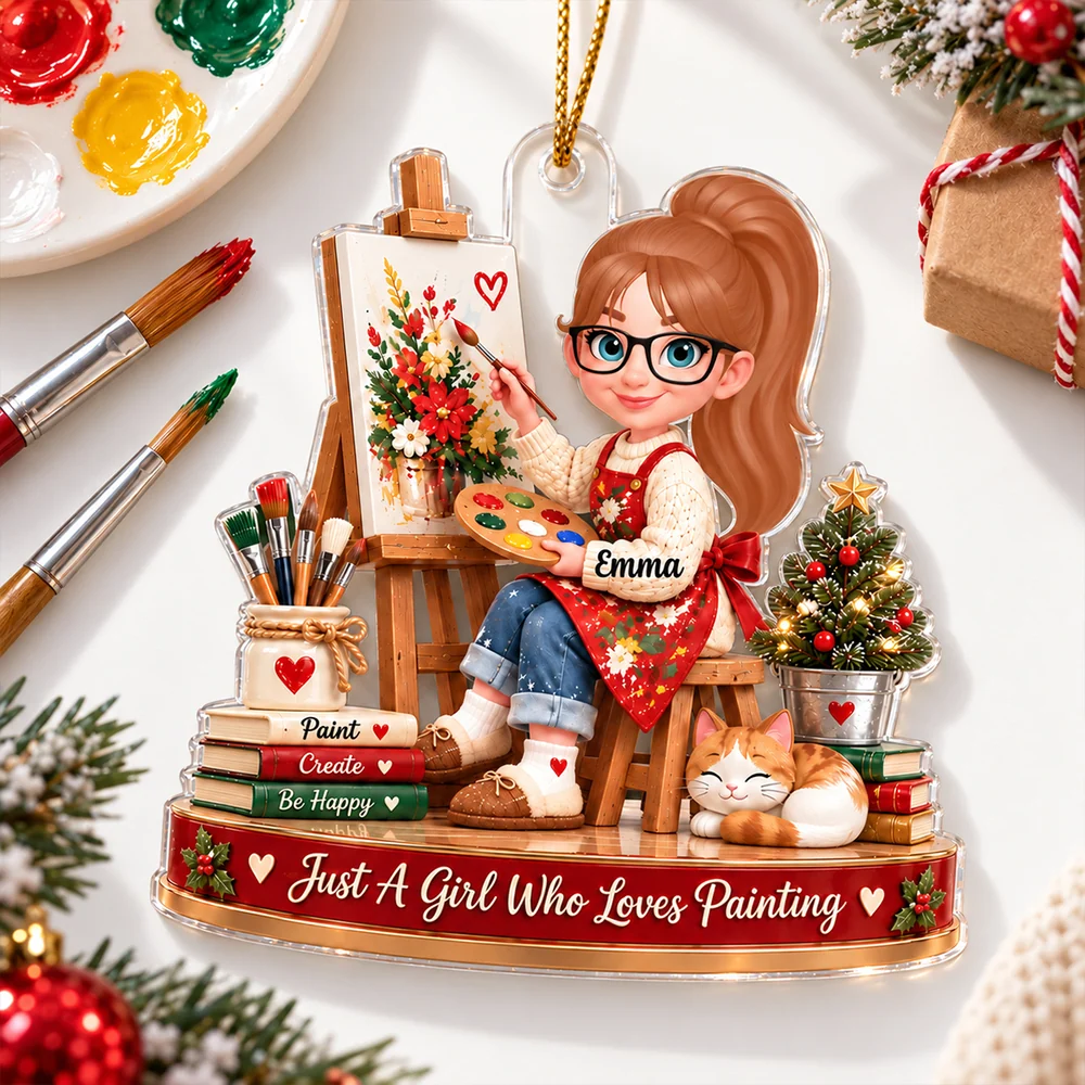 Personalized Acrylic Ornament, Girl Painting by a Christmas Tree, Unique Gift for Granddaughter
