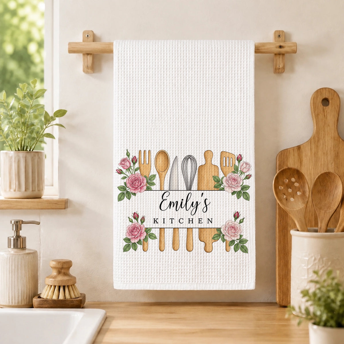 Personalized Birth Flower Kitchen Towel with Custom Name and Wooden Utensils, Gift for Home Cooks