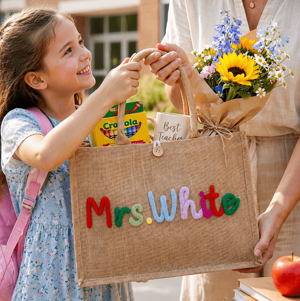 Personalized Crochet Burlap Tote with Colorful Lettering, Creative Gift for Teacher from Student