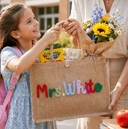 Personalized Crochet Burlap Tote with Colorful Lettering, Creative Gift for Teacher from Student