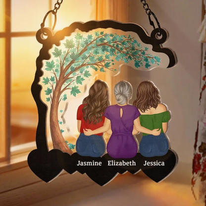 Wood and Acrylic Layered Ornament with Mother and Daughters Back View, Warm Family Bond Design, Perfect Gift for Women and Sisters