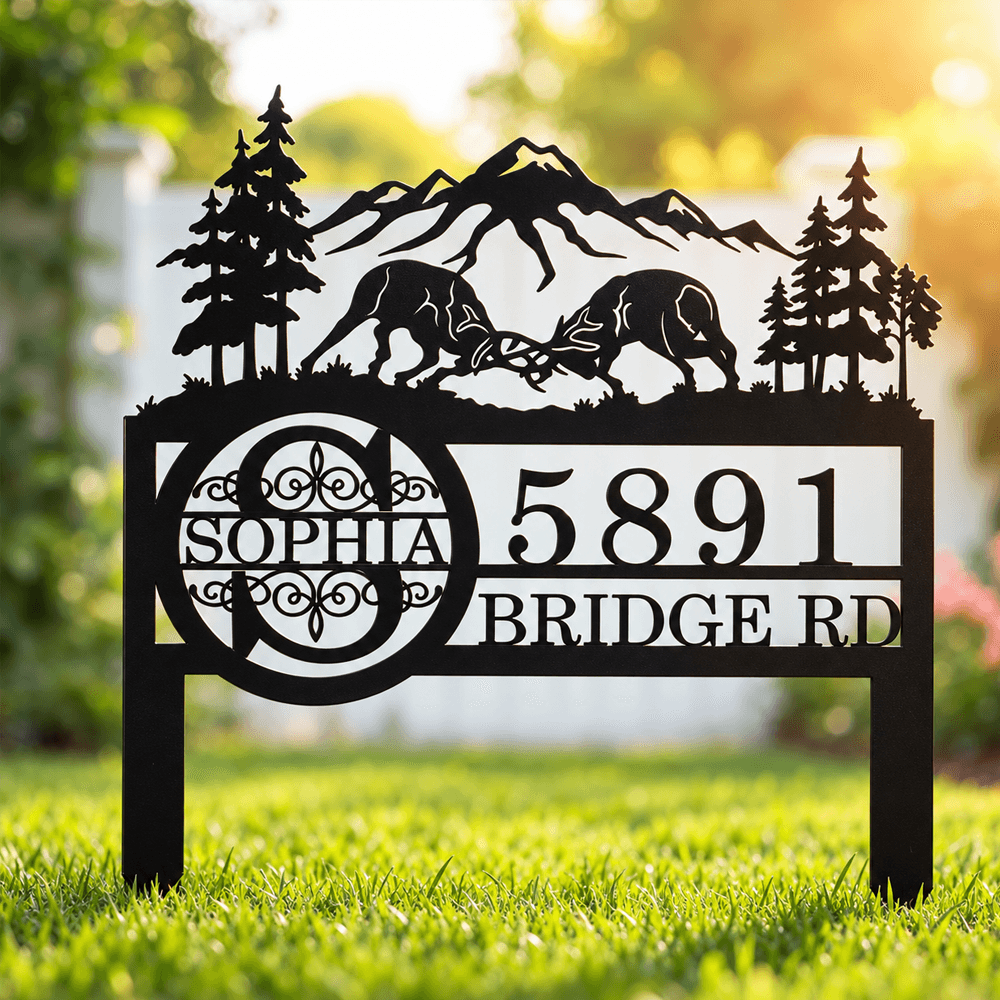 Personalized Metal Garden Stake with Deer & Mountain Silhouette, Custom Address Sign, Rustic Outdoor Yard Decor, Housewarming Gift