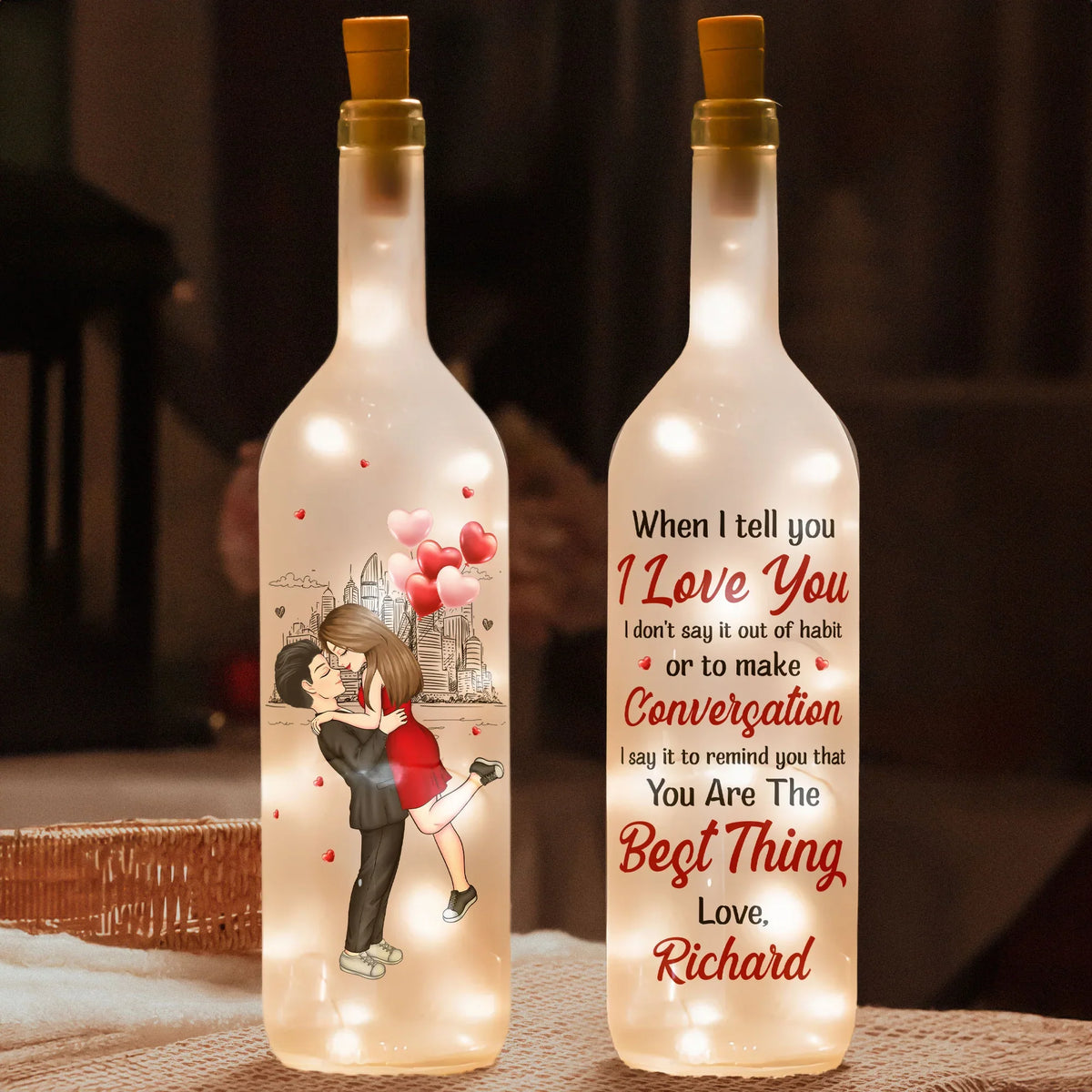 Personalized Bottle Lamp With Romantic Love Quote, Kissing Couple City Sketch, Warm Glow Bedroom Decor, Unique Gift for Her