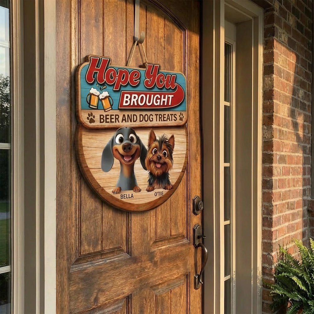 Custom Cartoon Dogs Wooden Sign with Beer Mugs, Funny Welcome Entryway Decor, Sweet Unique Holiday Gift for Pet Owners