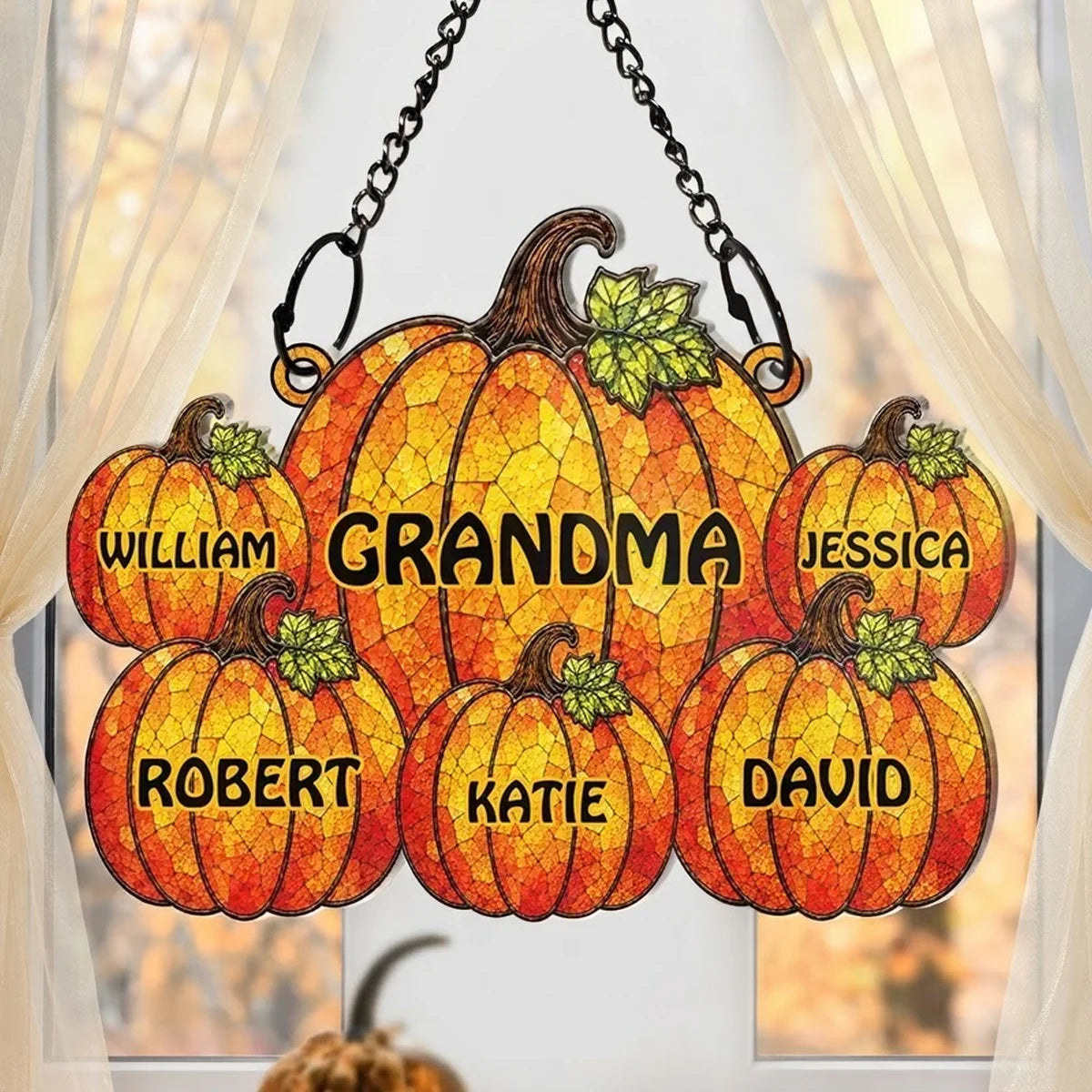 Personalized Acrylic Suncatcher Ornament, Stained-Glass Pumpkins for Grandma, Unique Autumn Family Gift