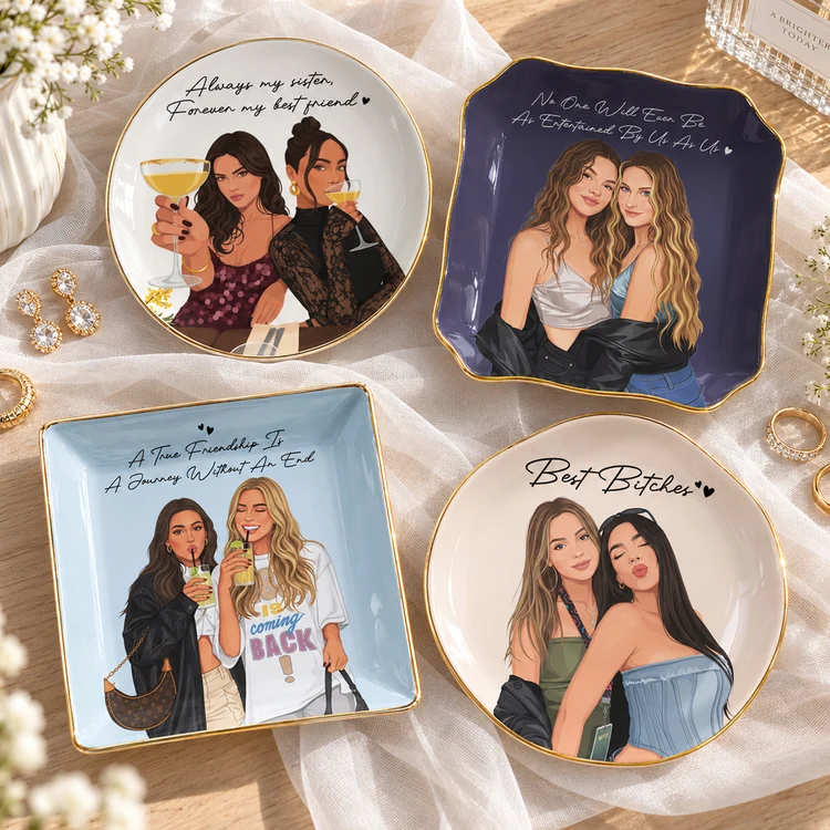 Personalized Jewelry Dish, Modern Friends Raising Glasses Illustration, Vanity Decor, Unique Gift for a Best Friend