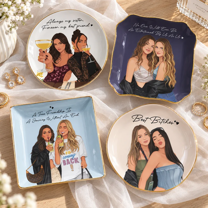 Personalized Jewelry Dish, Modern Friends Raising Glasses Illustration, Vanity Decor, Unique Gift for a Best Friend
