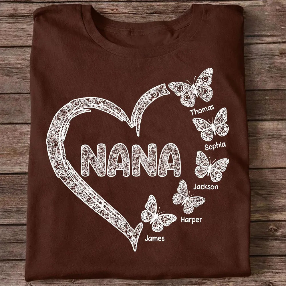 Personalized Classic Tee for Grandma, Lace Heart Nana Butterfly Design, Unique Custom Gift for Mother's Day