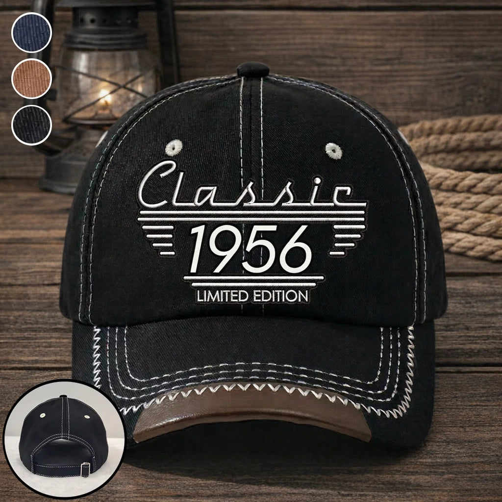 Personalized Leather Brim Cotton Cap, Black Vintage Classic Style, Unique Gift for Dad