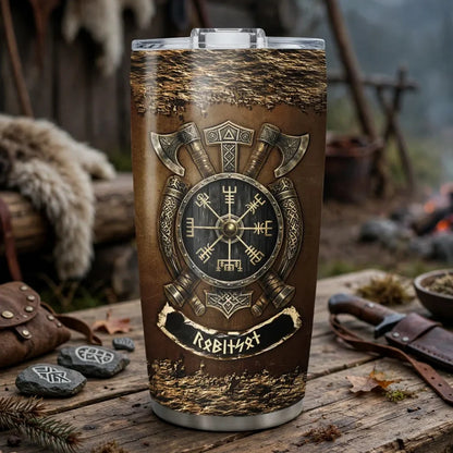 Insulated Travel Tumbler, Personalized Viking Axes and Runic Compass Art, Creative Gift for Coffee Lovers
