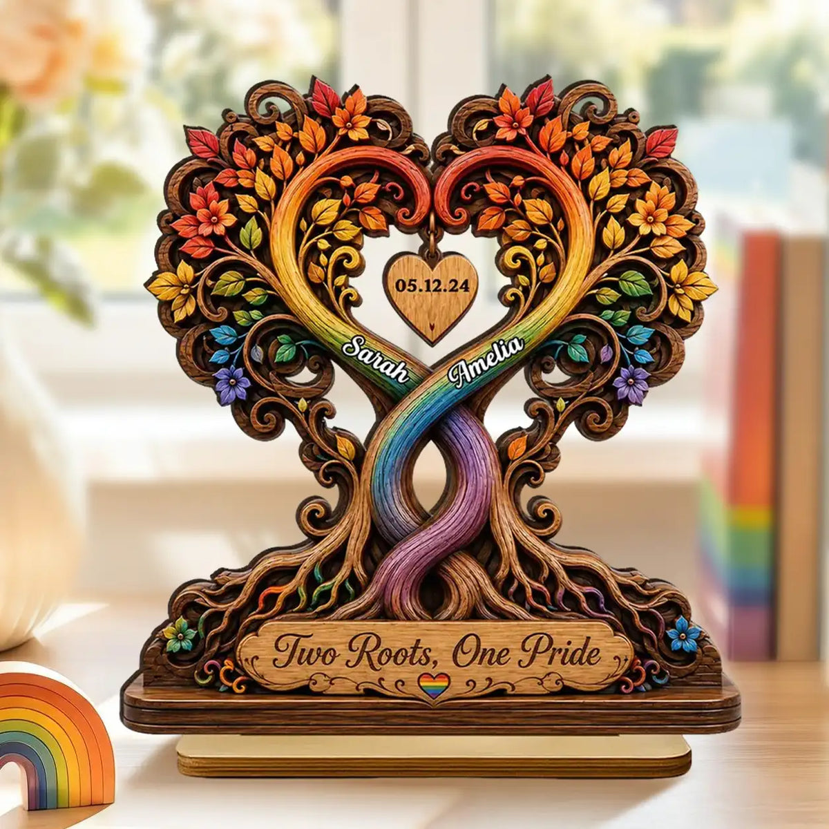 Personalized 2-Layer Wooden Plaque, Intertwined Rainbow Heart Trees, Unique Creative Gift for LGBTQ Couple