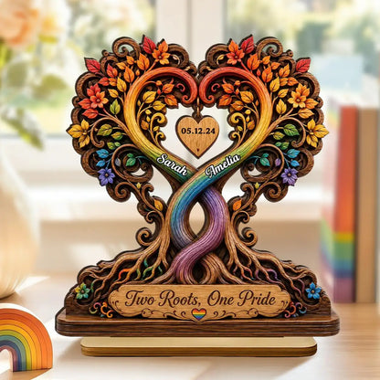 Personalized 2-Layer Wooden Plaque, Intertwined Rainbow Heart Trees, Unique Creative Gift for LGBTQ Couple