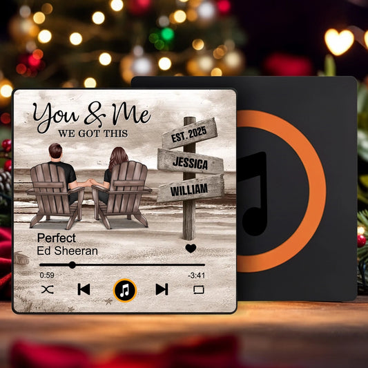 Acrylic music magnet with coastal couple illustration, customizable design, warm décor vibe, perfect gift for partners