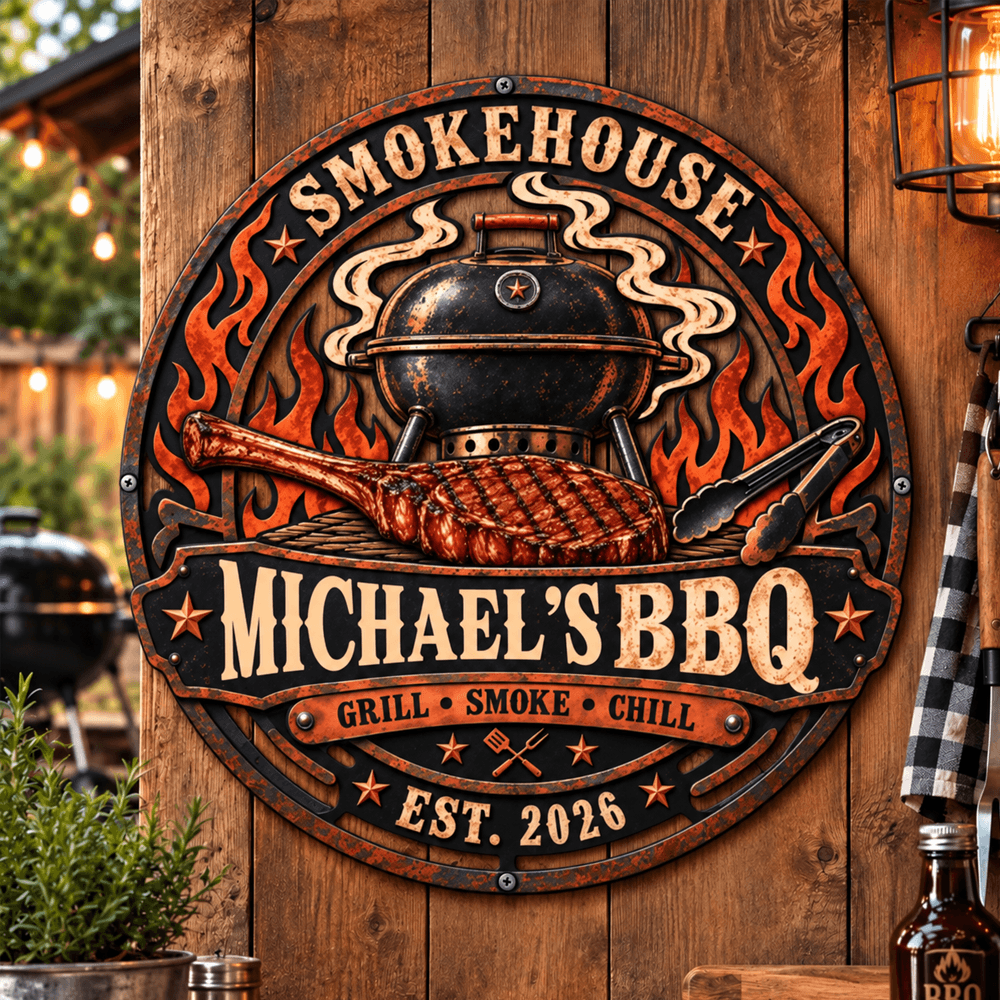 Personalized Vintage BBQ Metal Sign with Custom Name & Year, Rustic Smokehouse Wall Decor, Gift for Grill Lovers