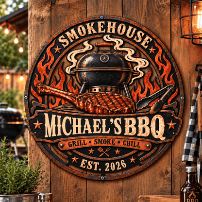Personalized Vintage BBQ Metal Sign with Custom Name & Year, Rustic Smokehouse Wall Decor, Gift for Grill Lovers