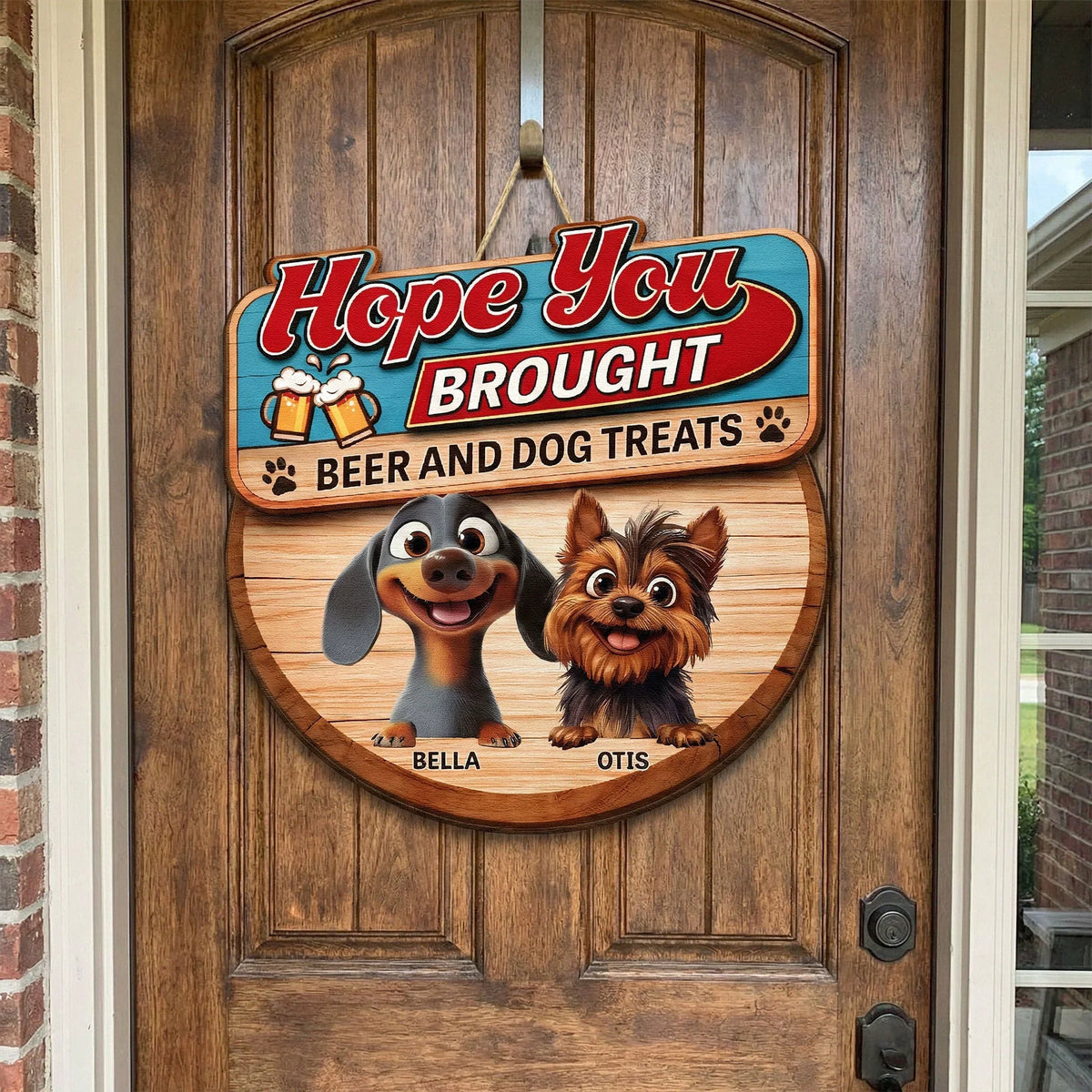Custom Cartoon Dogs Wooden Sign with Beer Mugs, Funny Welcome Entryway Decor, Sweet Unique Holiday Gift for Pet Owners