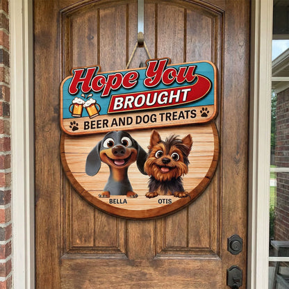 Custom Cartoon Dogs Wooden Sign with Beer Mugs, Funny Welcome Entryway Decor, Sweet Unique Holiday Gift for Pet Owners