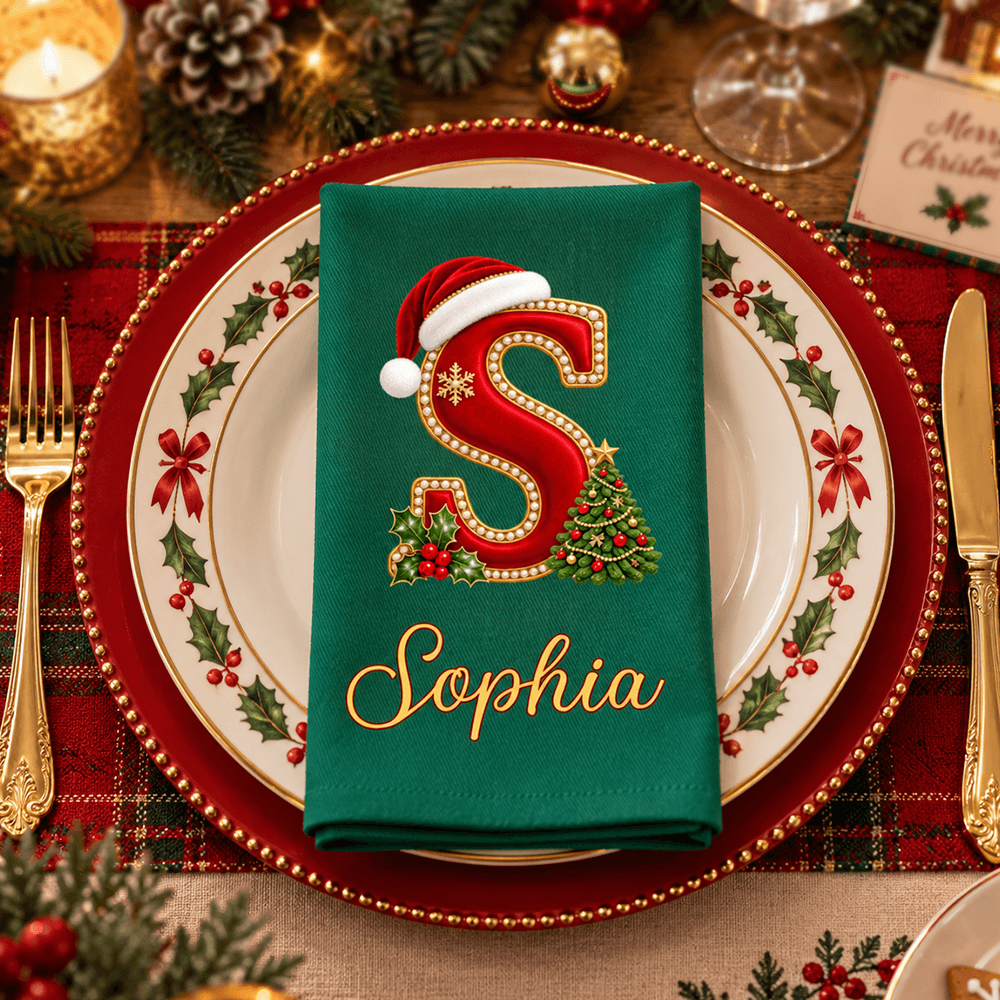 Personalized Christmas Cotton Napkin with Santa Hat Initial & Name, Festive Holiday Table Decor, Christmas Gift for Family