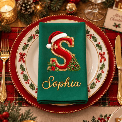 Personalized Christmas Cotton Napkin with Santa Hat Initial & Name, Festive Holiday Table Decor, Christmas Gift for Family