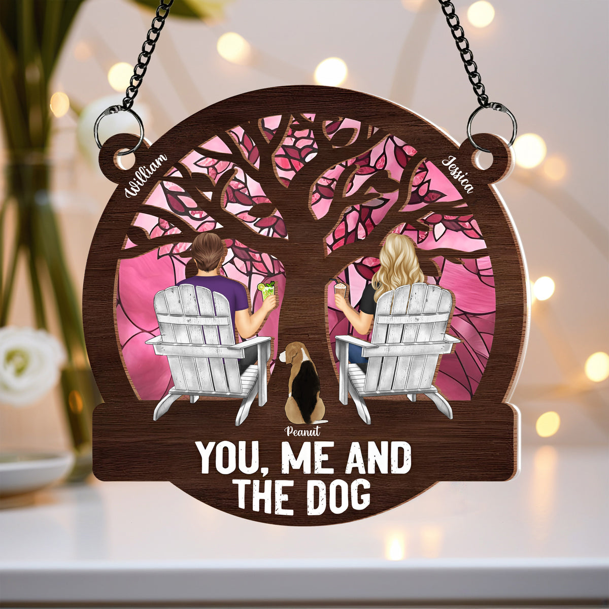 "Raising a Toast Through the Seasons - Custom Couple & Dog Ornament, A Heartwarming Gift for Wife or Husband"