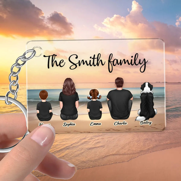 Beach Landscape Family Sitting Back View - Personalized Keychain or Poster or Plaque or Car Hanger or Pillow or Wallet card- Ideal Gift for Loved Ones