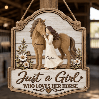 Warm Neutral Wooden Sign with Girl Nuzzling Horse, Personalized Keepsake, Creative Gift for Horse Lover