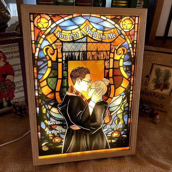 Wizard And Witch Couple Personalized Light Frame With Stained Glass Art