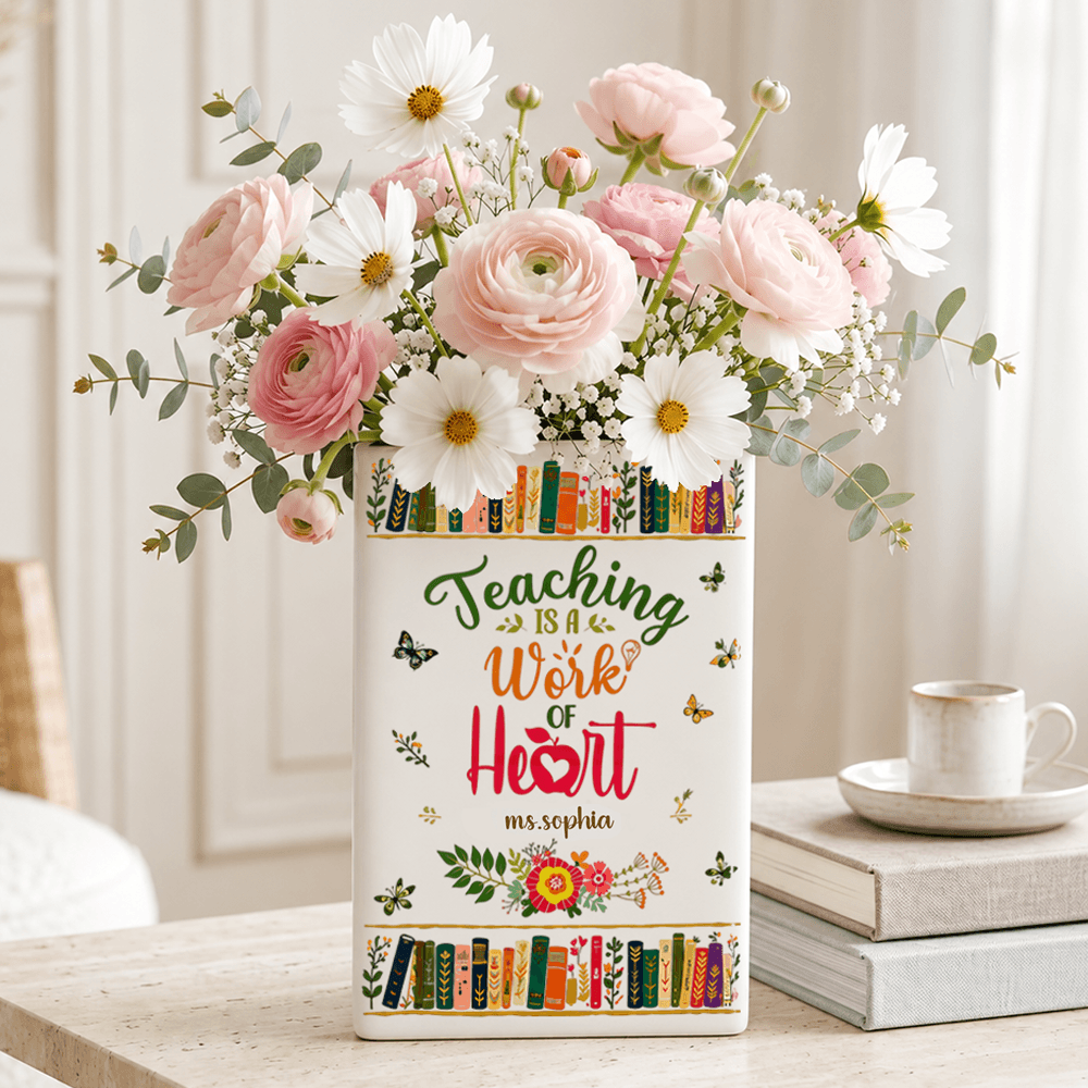 Personalized Ceramic Book Vase for Teachers, Custom Name Teacher Appreciation Gift, Unique Floral Bookshelf Decor