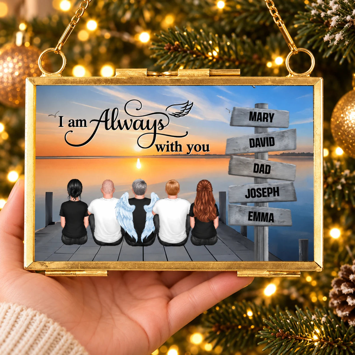 Personalized Family Memorial Photo Frame Ornament, Custom Names & Angel Wings, I Am Always With You Remembrance Gift