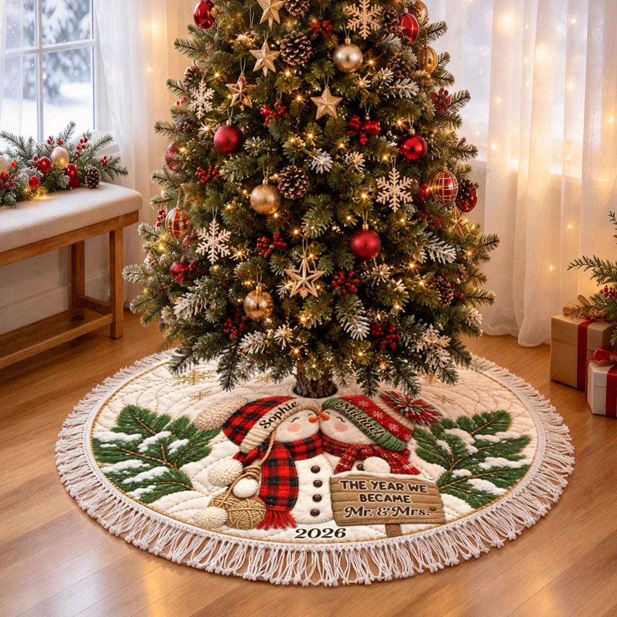 Personalized Plush Christmas Tree Skirt, Snowman Couple Under a Festive Tree, Unique Wedding Gift