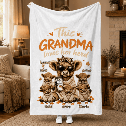 This Grandma Loves Her Herd Personalized Fleece Blanket, Heartwarming Creative Gift for Grandma