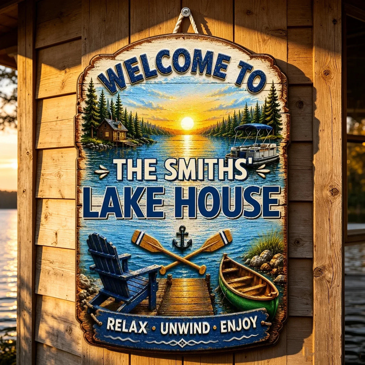 Personalized Wooden Sign for Lake House, Sunset Dock & Boat Scene, Unique Gift for Family