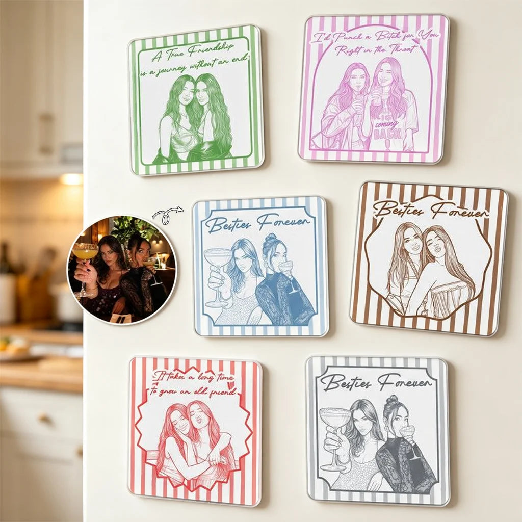 Personalized Magnet with Friends Holding Cocktails, Striped Besties Forever Art, Unique Gift for Best Friend