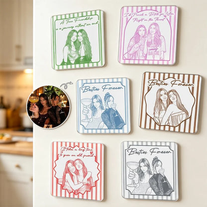 Personalized Magnet with Friends Holding Cocktails, Striped Besties Forever Art, Unique Gift for Best Friend