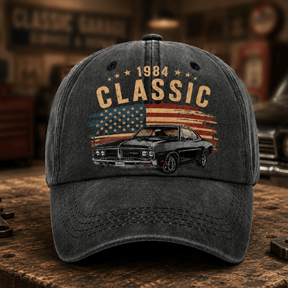 Personalized Classic Car Washed Cotton Cap, Custom Photo & Year, Choose Your Country Flag, Gift for Dad or Car Lover