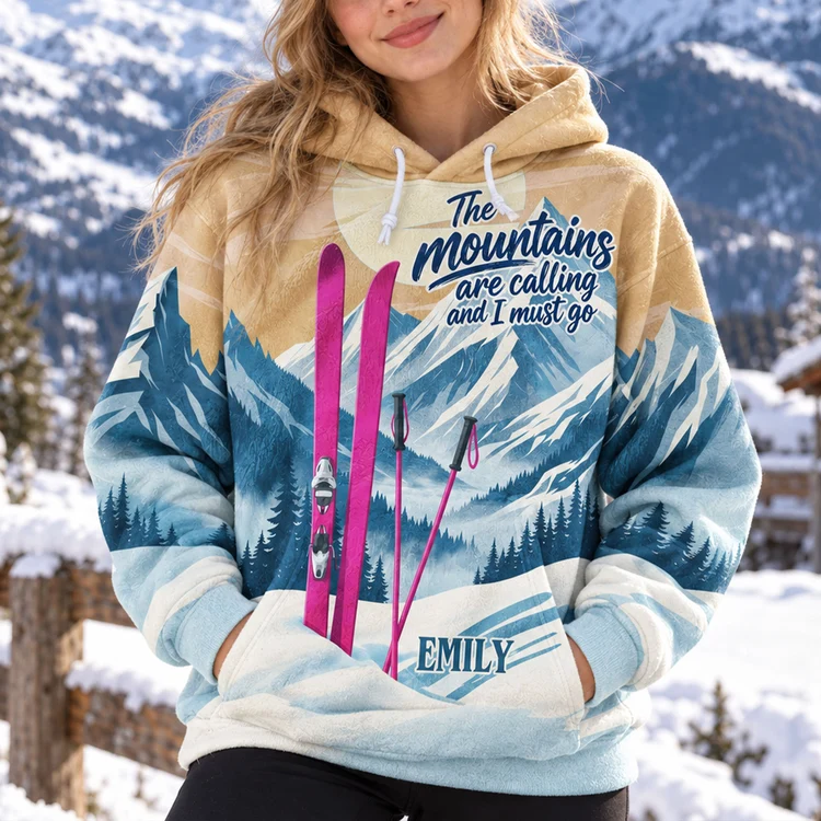 Personalized Printed Flannel Hoodie, Mountains Are Calling Design, Creative Gift for Mountain Lovers