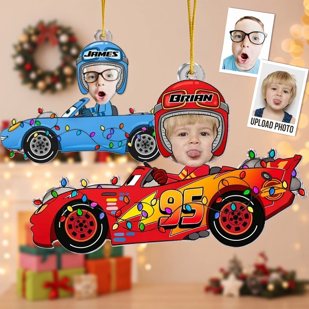 Acrylic Ornament with Personalized Kid Photo in a Festive Race Car, Heartwarming Creative Gift for Family