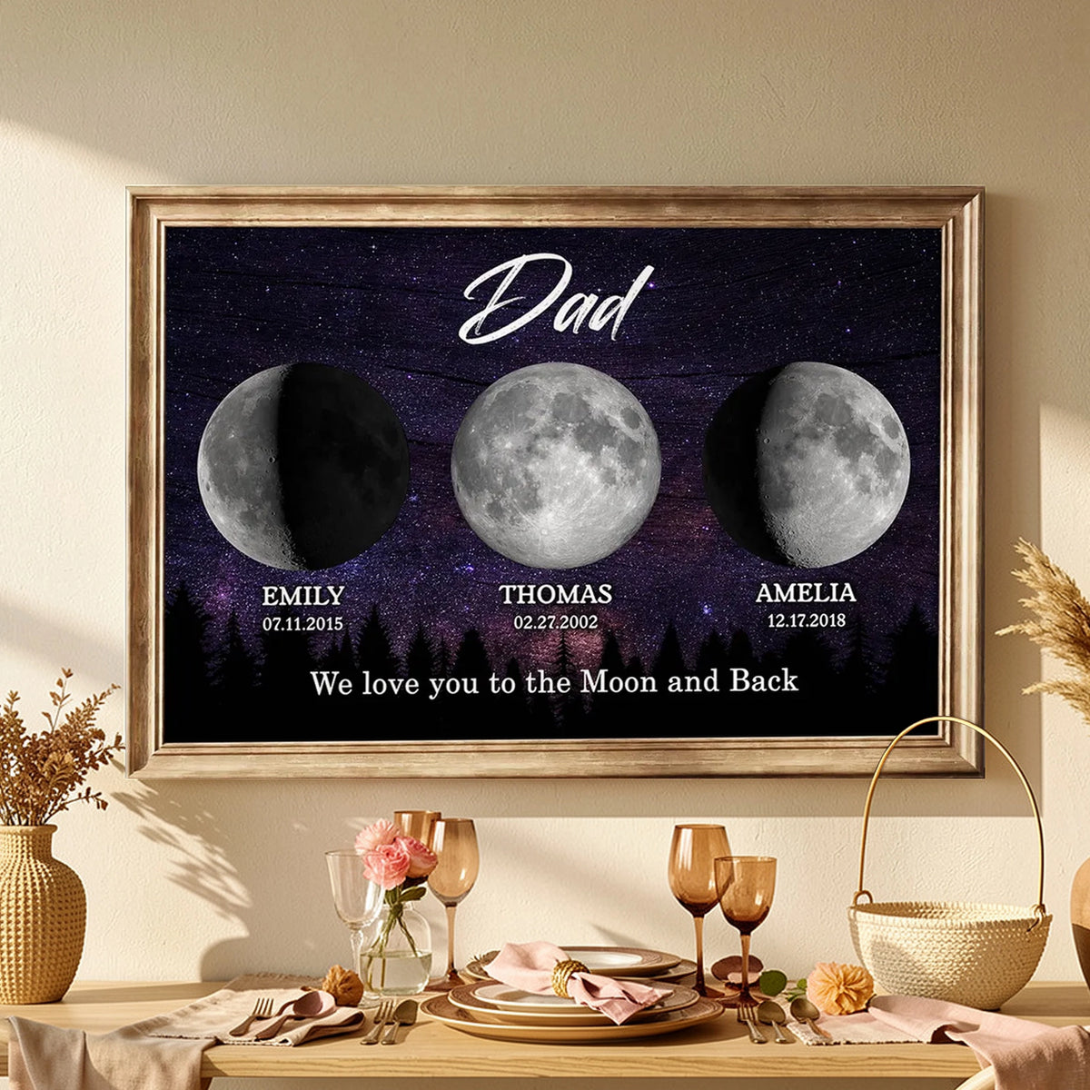 Dad We Love You to the Moon and Back Personalized Moon Phase Poster, Starry Night Gift for Dad